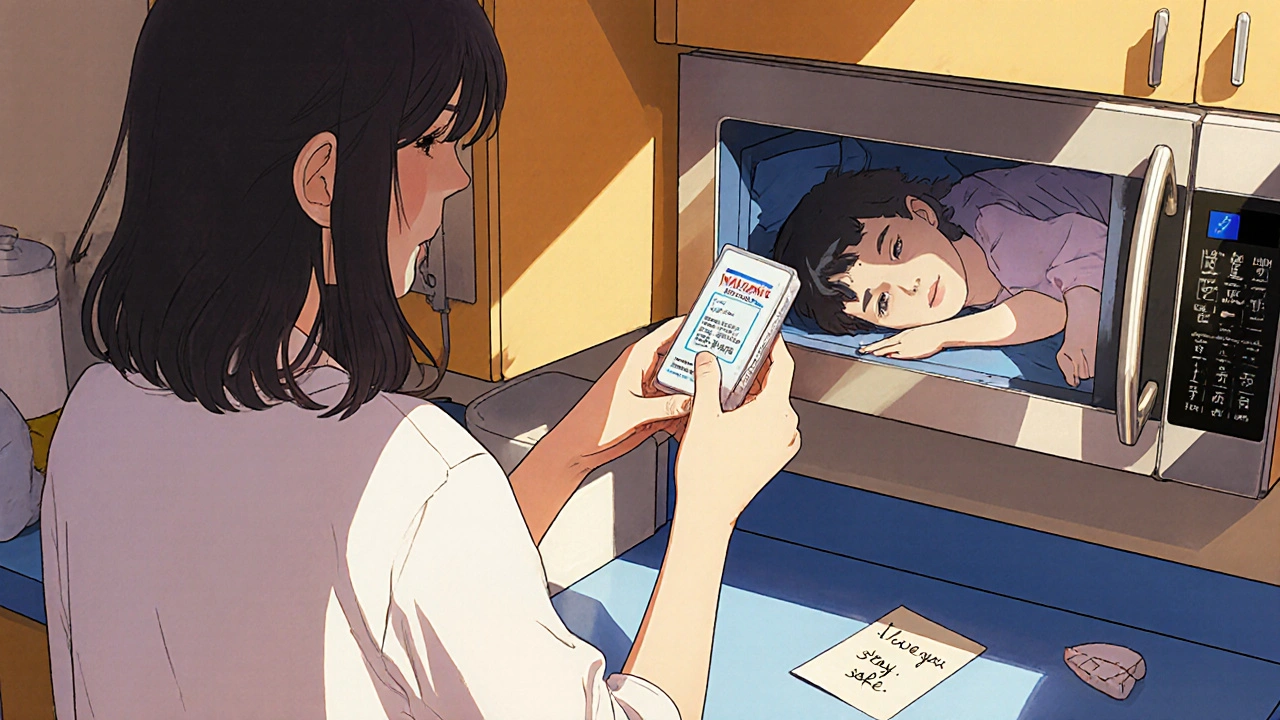 A mother holds a mailed naloxone kit in her kitchen, reflection showing her sleeping child.