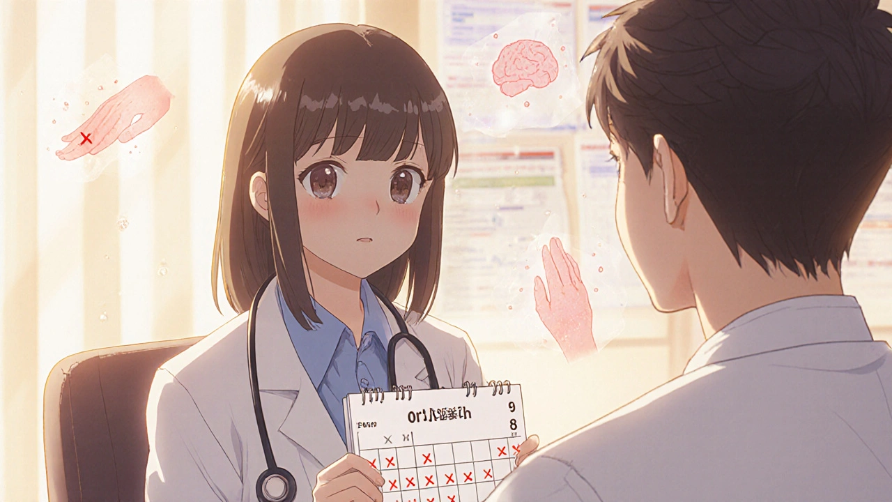 A patient and doctor reviewing a taper schedule with ghostly withdrawal symptoms floating nearby.