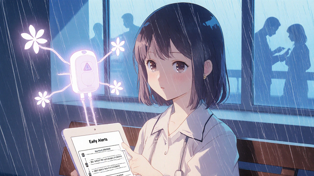 A patient with a hovering pacemaker alert, its wires forming floral patterns as rain falls outside a hospital window.