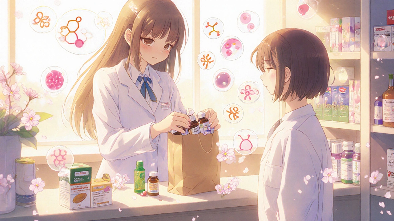 A pharmacist reviewing supplements and medications in a warm, caring pharmacy setting.