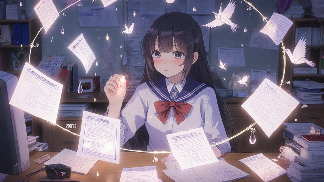 A researcher tracing holographic drug labeling changes that unfold like origami birds across a timeline.