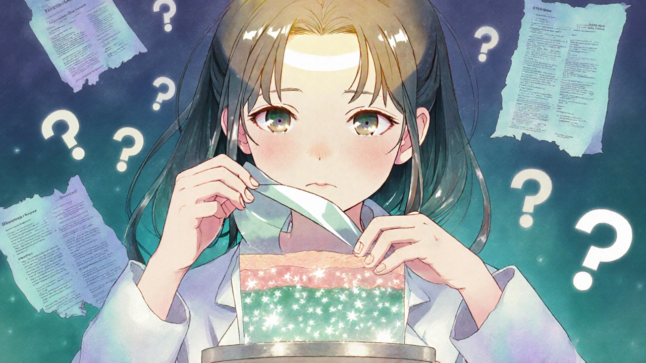 A scientist peeling skin layers with tape, revealing glowing drug particles like fireflies.