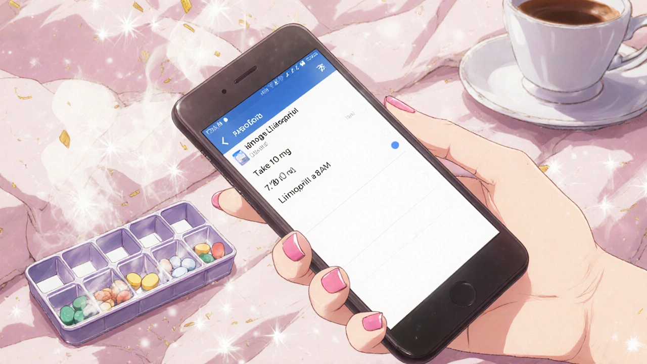 A smartphone displays a personalized medication reminder beside a filled pill organizer.