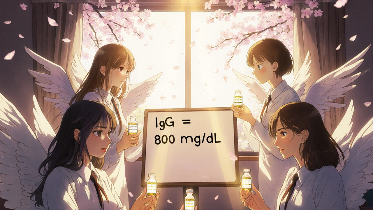 A support group of CVID patients holding immunoglobulin vials, golden light and cherry blossoms symbolizing hope.