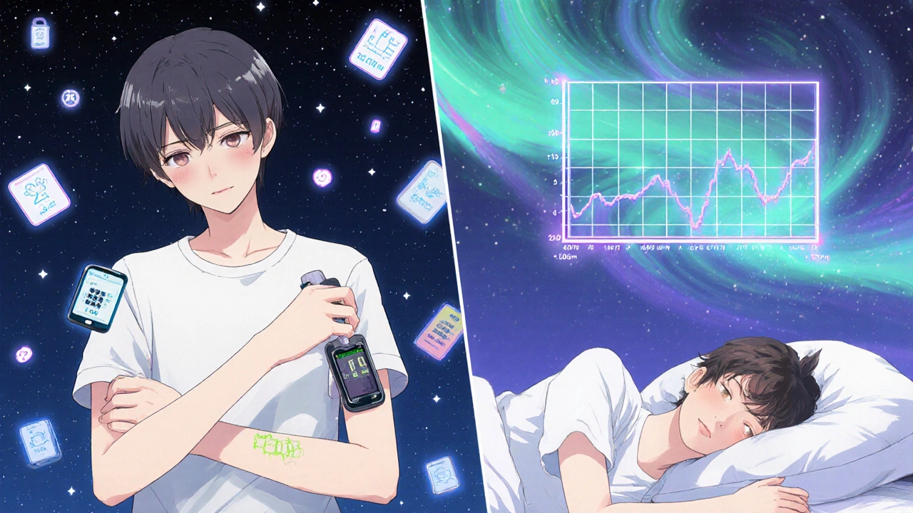 A teen with a CGM and insulin pump under a starry sky, split with a peaceful sleep scene above a glowing blood sugar graph.
