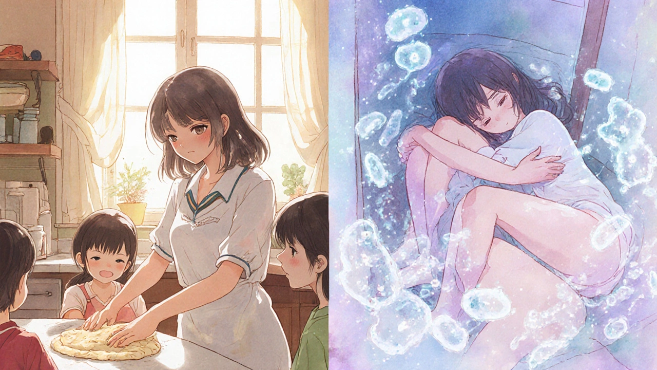 A woman smiling while cooking with her children, contrasted with her earlier sick self surrounded by ghostly bacteria.