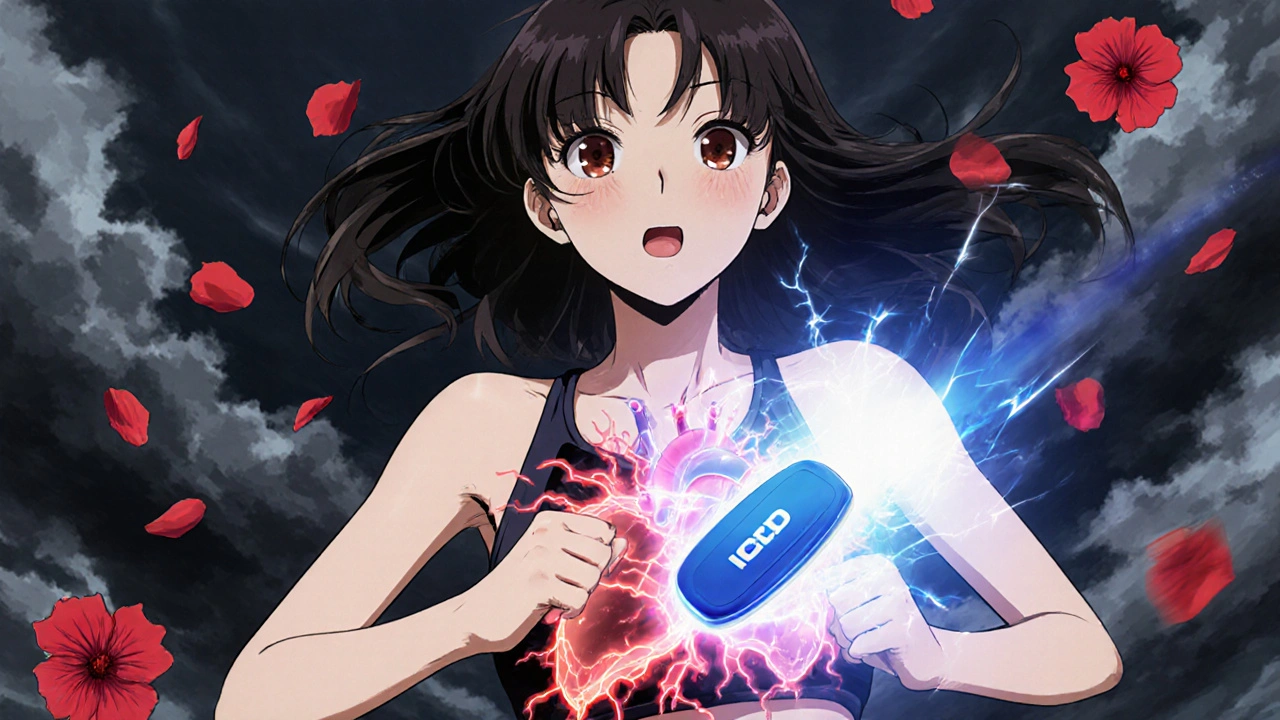 An athlete running with a dangerous ventricular surge, protected by a glowing ICD.