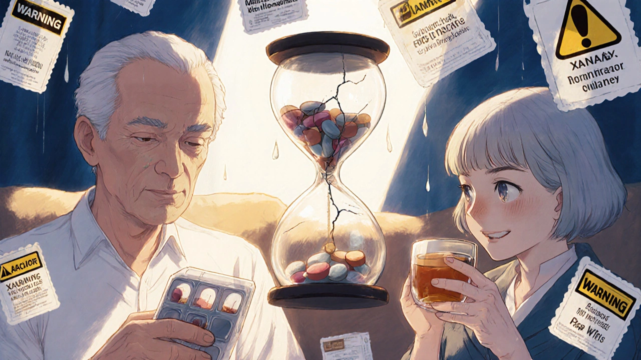 An elderly couple surrounded by floating medication warnings in a cozy living room.