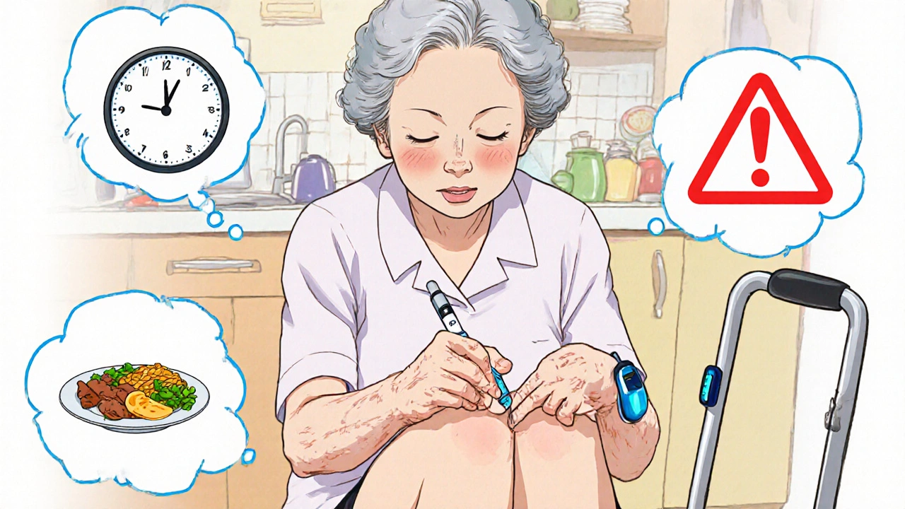 An elderly woman using a premixed insulin pen in her kitchen, with a CGM on her arm and calm, pastel surroundings.