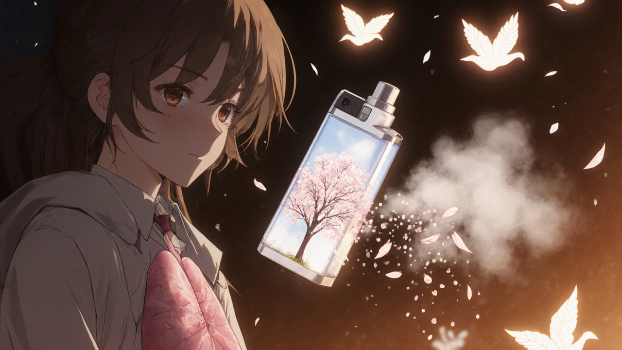 An inhaler releasing mist shaped like a cherry tree in the lungs, contrasted with a cracked generic version.