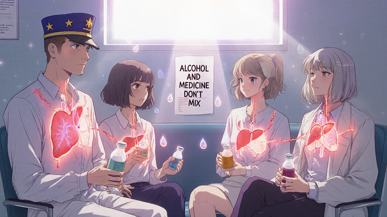 Diverse people in a hospital waiting room with transparent warning lines to alcohol droplets.