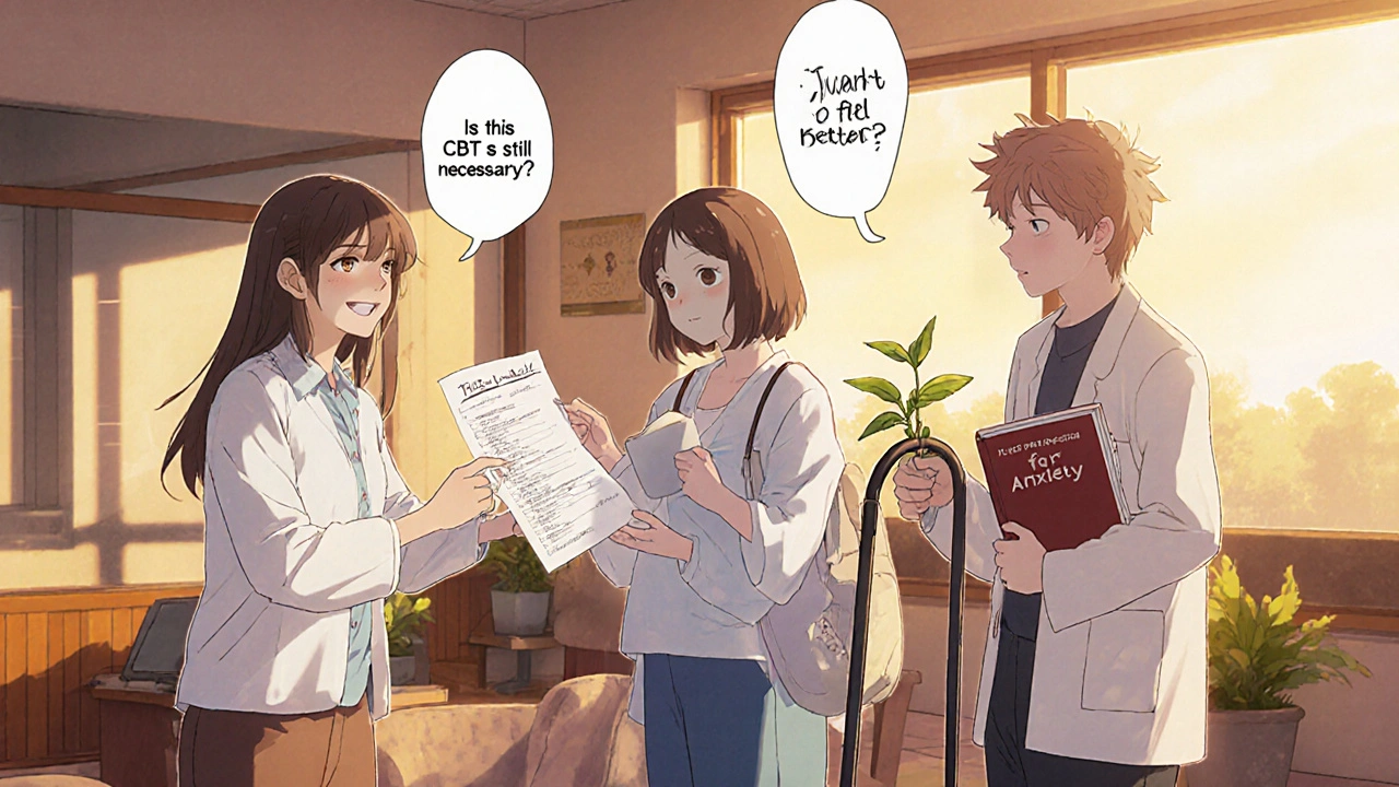 Group of patients in clinic receiving personalized medication plans with symbols of wellness.