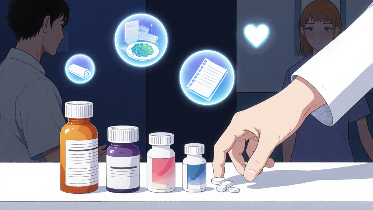 Hand placing multiple medication bottles on counter with glowing icons of healthy alternatives nearby.