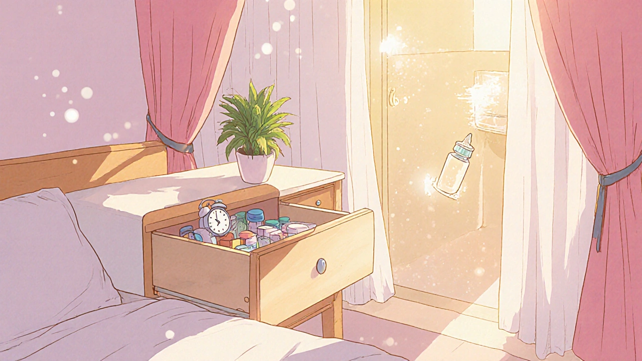 Medications stored safely in a cozy bedroom drawer with warm light and a peaceful atmosphere.
