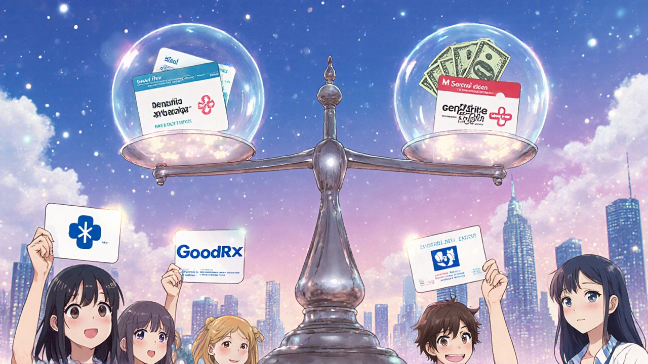 People holding price-comparison cards beside a scale balancing generic drugs against dollar bills.