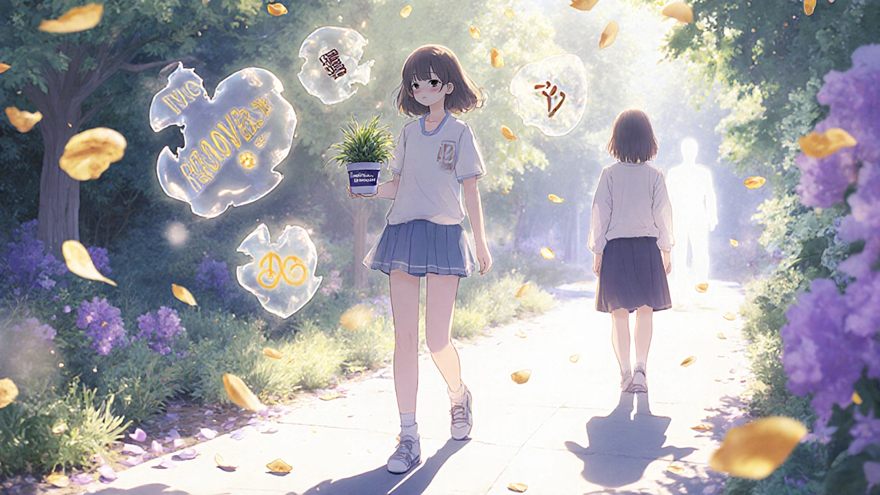 Recovering patient walks through a sunlit garden as fading antibody petals dissolve, symbolizing healing in shoujo manga style.
