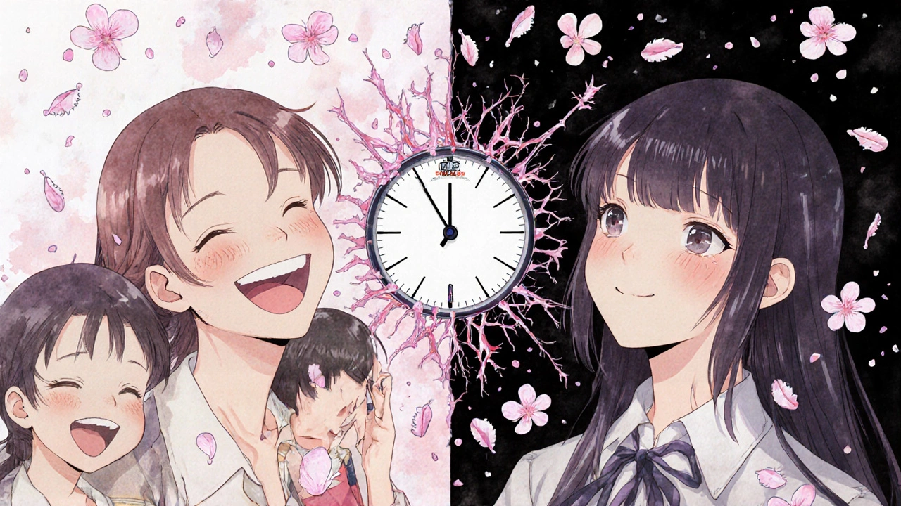 Split scene: healthy woman with family vs. same woman in a dark mental space with piercing antibody thorns, in shoujo manga style.