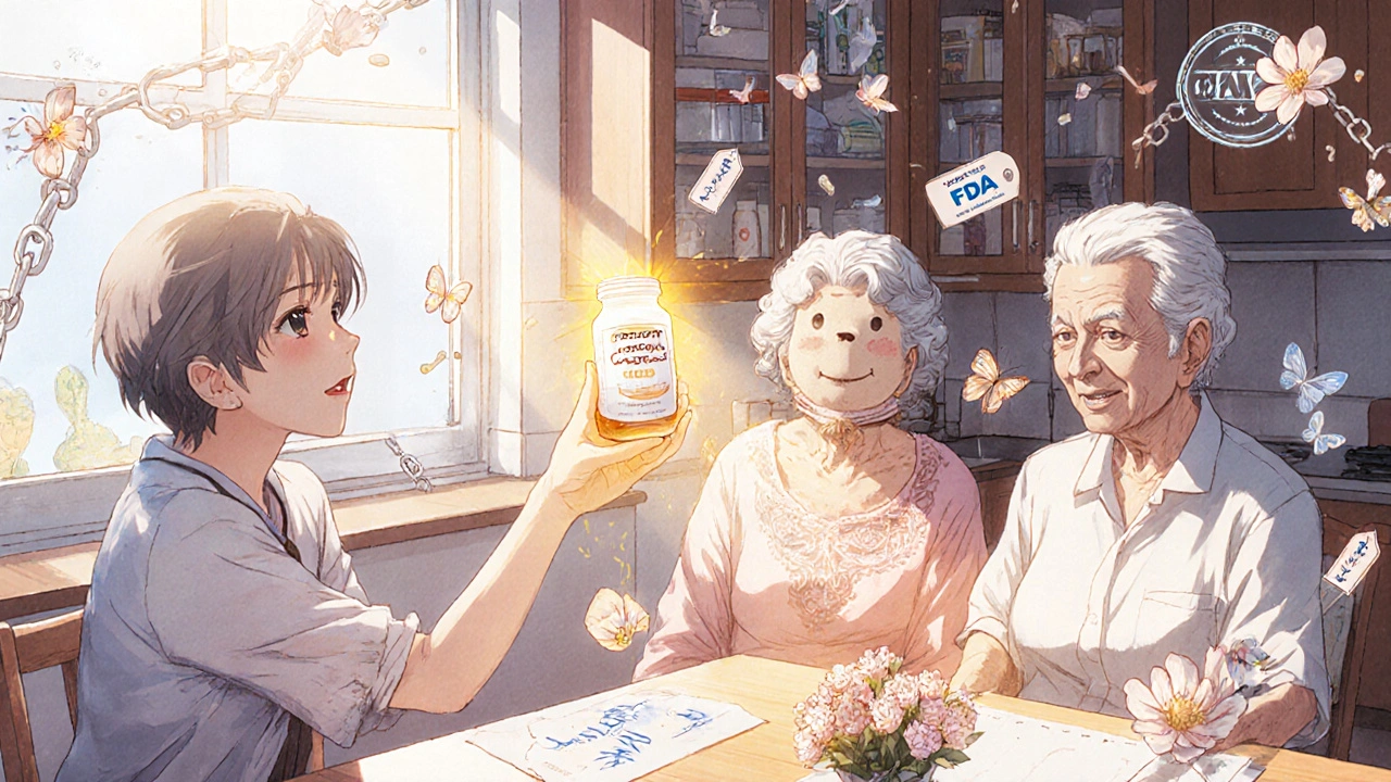 Teen giving generic pill to grandparents, golden light radiating from pill as symbolic flowers bloom around them.