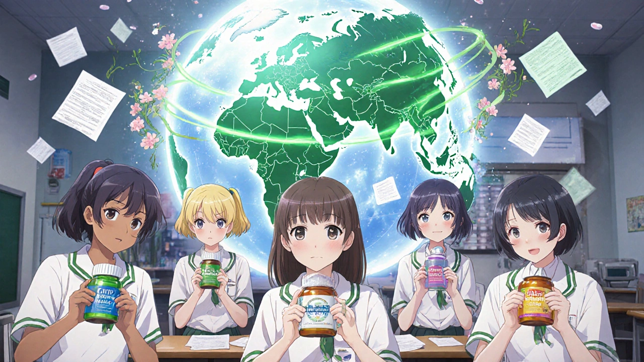 Teenagers hold generic medicine bottles as a glowing globe shows global health hubs.