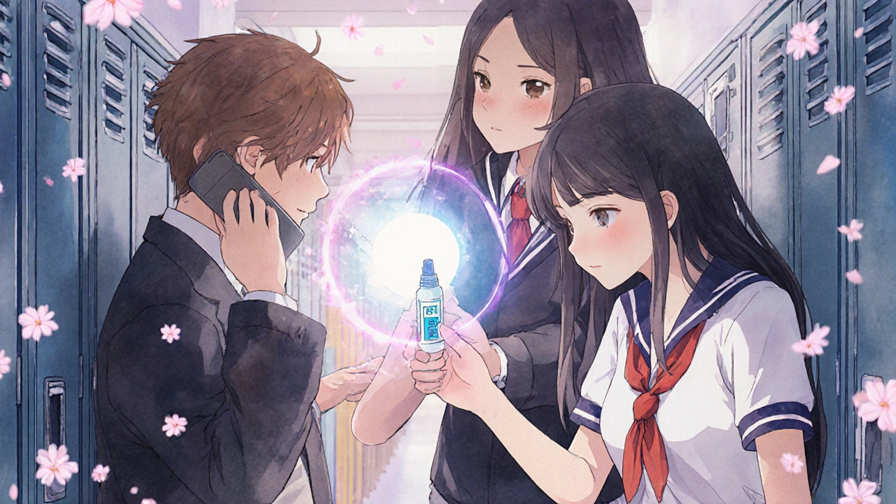 Teens administer naloxone in a school hallway as others call 911, one person slumped against lockers.