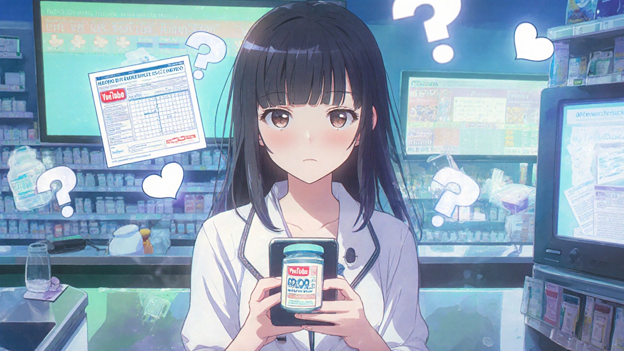 Young adult in pharmacy holding generic medication, smartphone showing drug info, surrounded by fading brand ads.