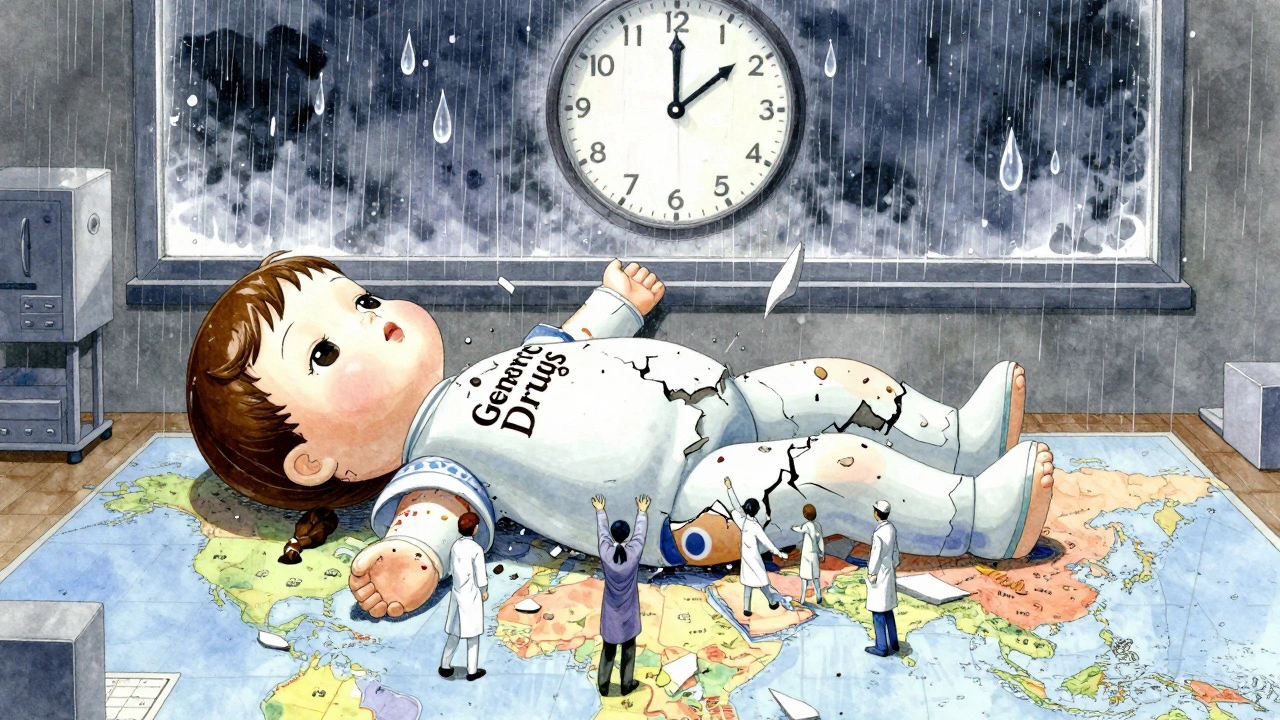 A broken porcelain doll labeled &#039;Generic Drugs&#039; lies shattered on a factory floor with maps beneath.