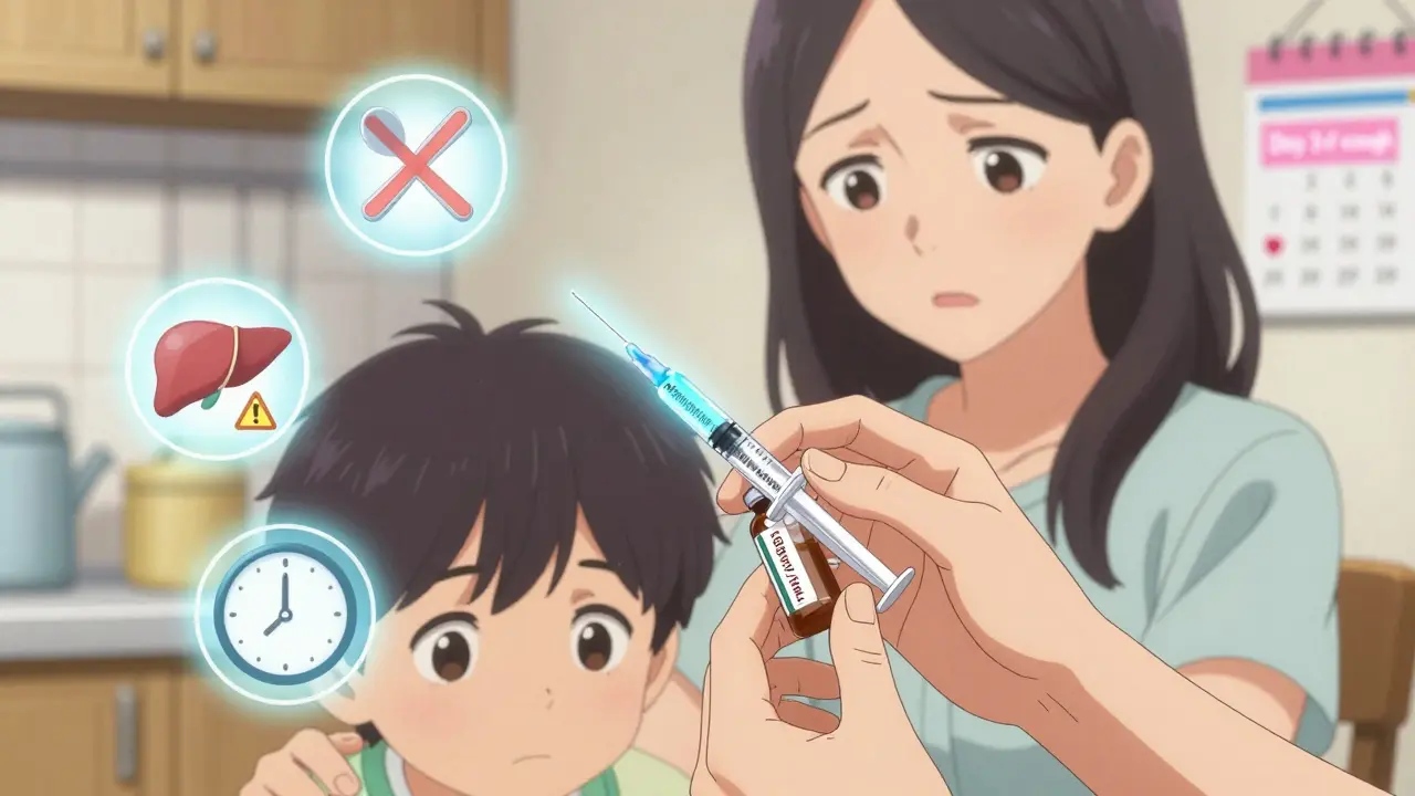 A child using a dosing syringe to take medicine, with a caring mother nearby.