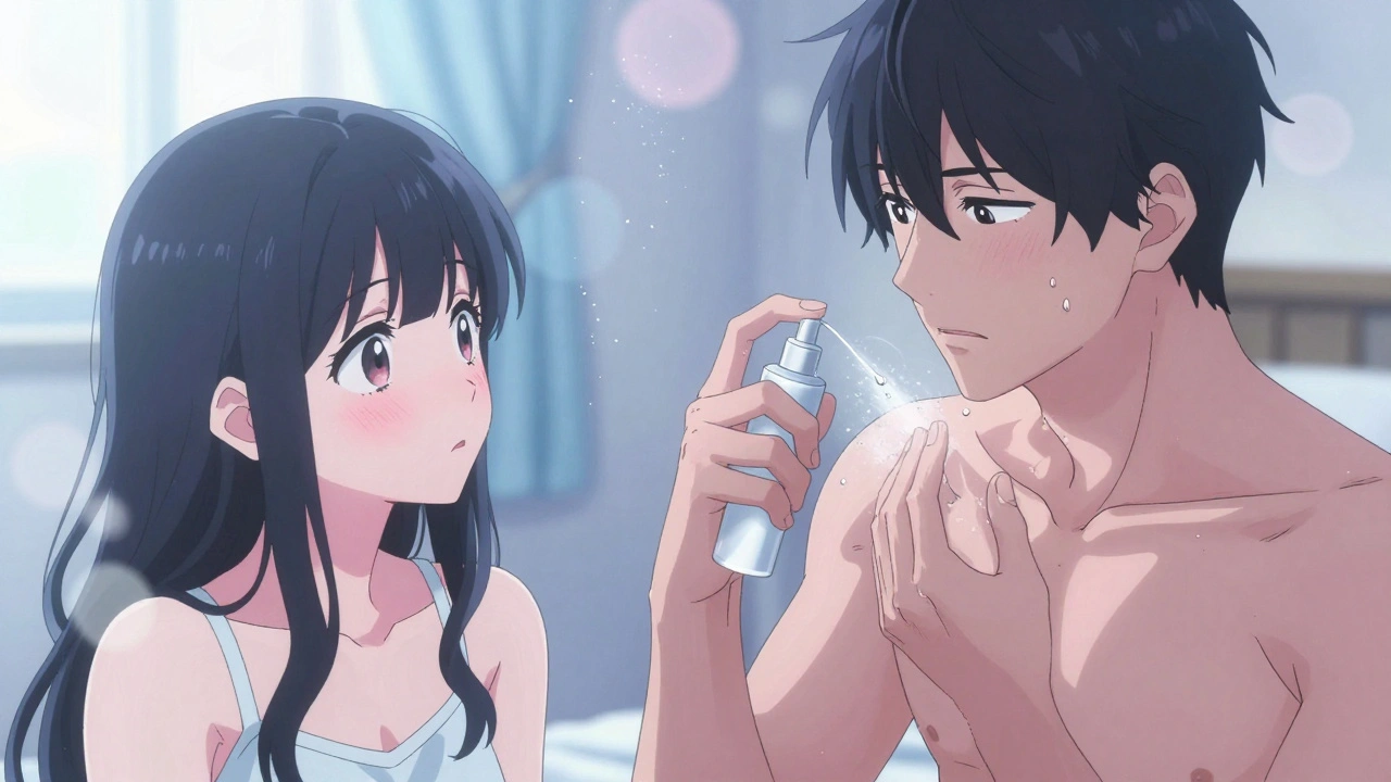 A couple in a bedroom as the man applies a topical spray, with shimmering mist and tender expressions.