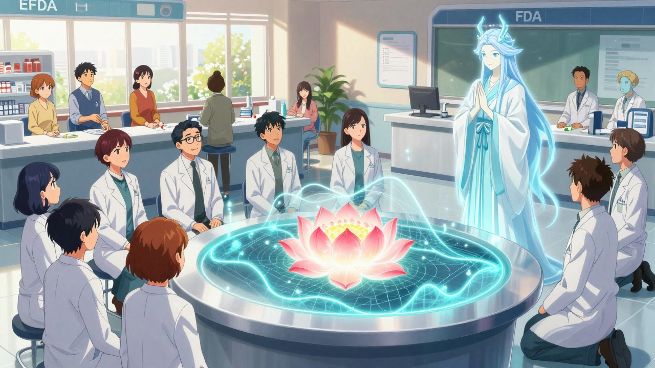 A dissolution profile shaped like a lotus flower being approved by a celestial figure in a futuristic lab.