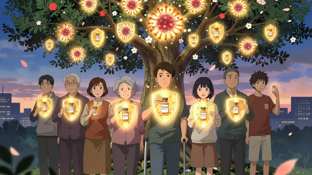 A diverse group of people holding Shingrix vials under a glowing tree of life, symbolizing protection and unity.
