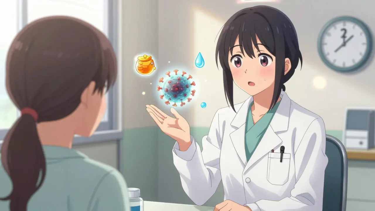 A doctor and patient in a clinic, with viral particles and healing symbols floating between them.