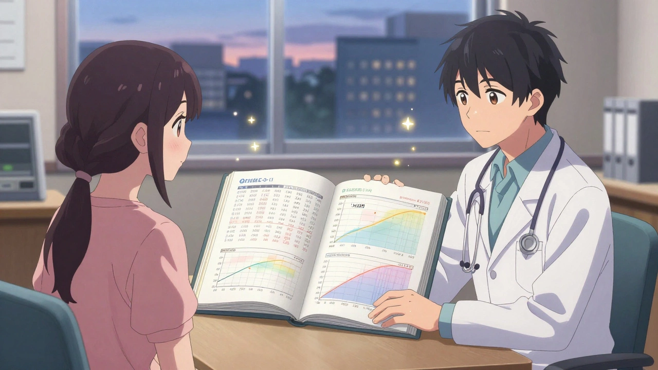 A doctor and patient review medical data showing zero serotonin syndrome cases, surrounded by glowing stars of truth.