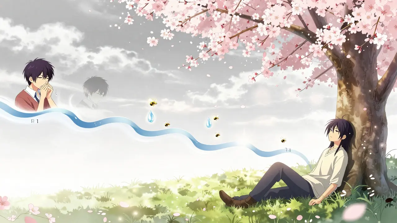 A flowing timeline showing recovery from cough to peace, with honeybees and blossoms guiding the path.