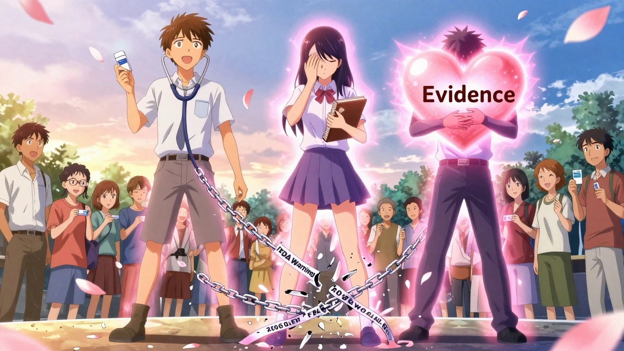 A fragile FDA warning chain shatters into petals as evidence and patient empowerment shine in warm light.