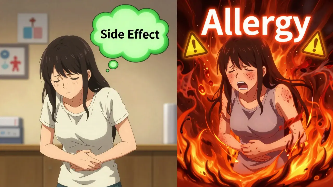 A girl contrasts side effects (green cloud) with allergic reactions (red storm) in a manga-style split scene.