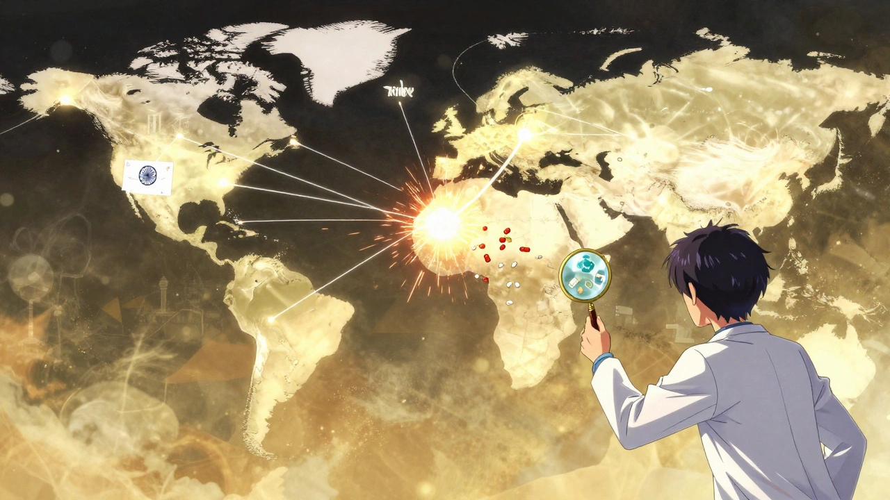 A global network of glowing supply chains snaps in the center, with pills falling into darkness as a doctor examines hidden quality issues with a magnifying glass.