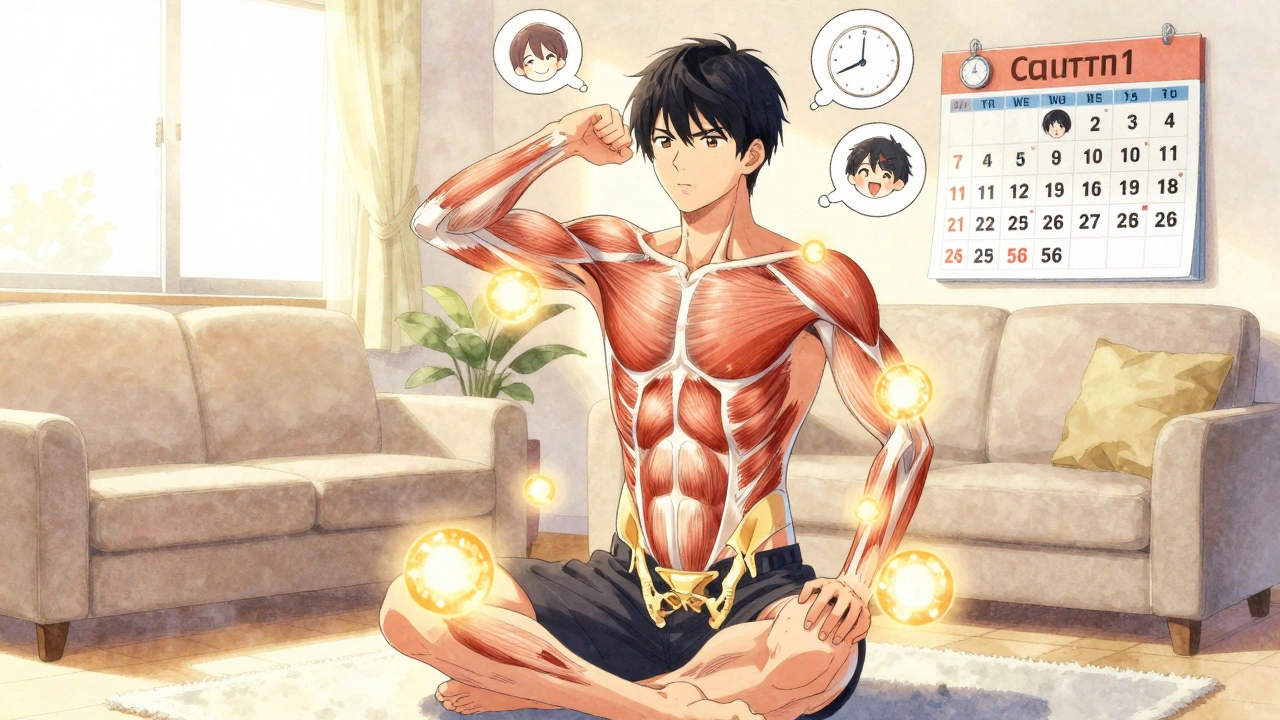 A man doing pelvic exercises surrounded by glowing muscles and a turning calendar, symbolizing progress.