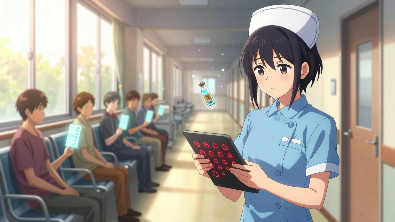 A nurse checks a tablet full of red warnings as patients wait silently in a hospital corridor.