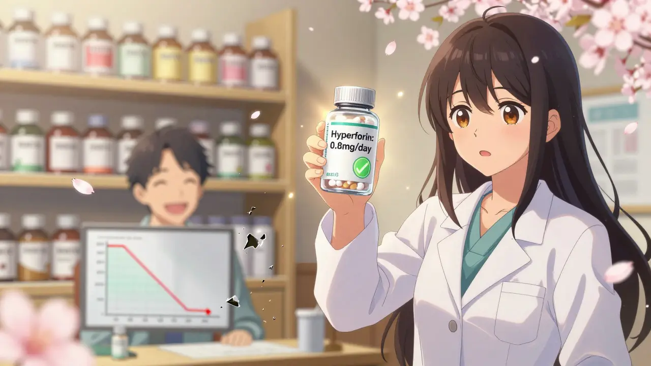 A pharmacist holds a verified low-hyperforin pill bottle with a green checkmark, while unsafe herbs crumble away.
