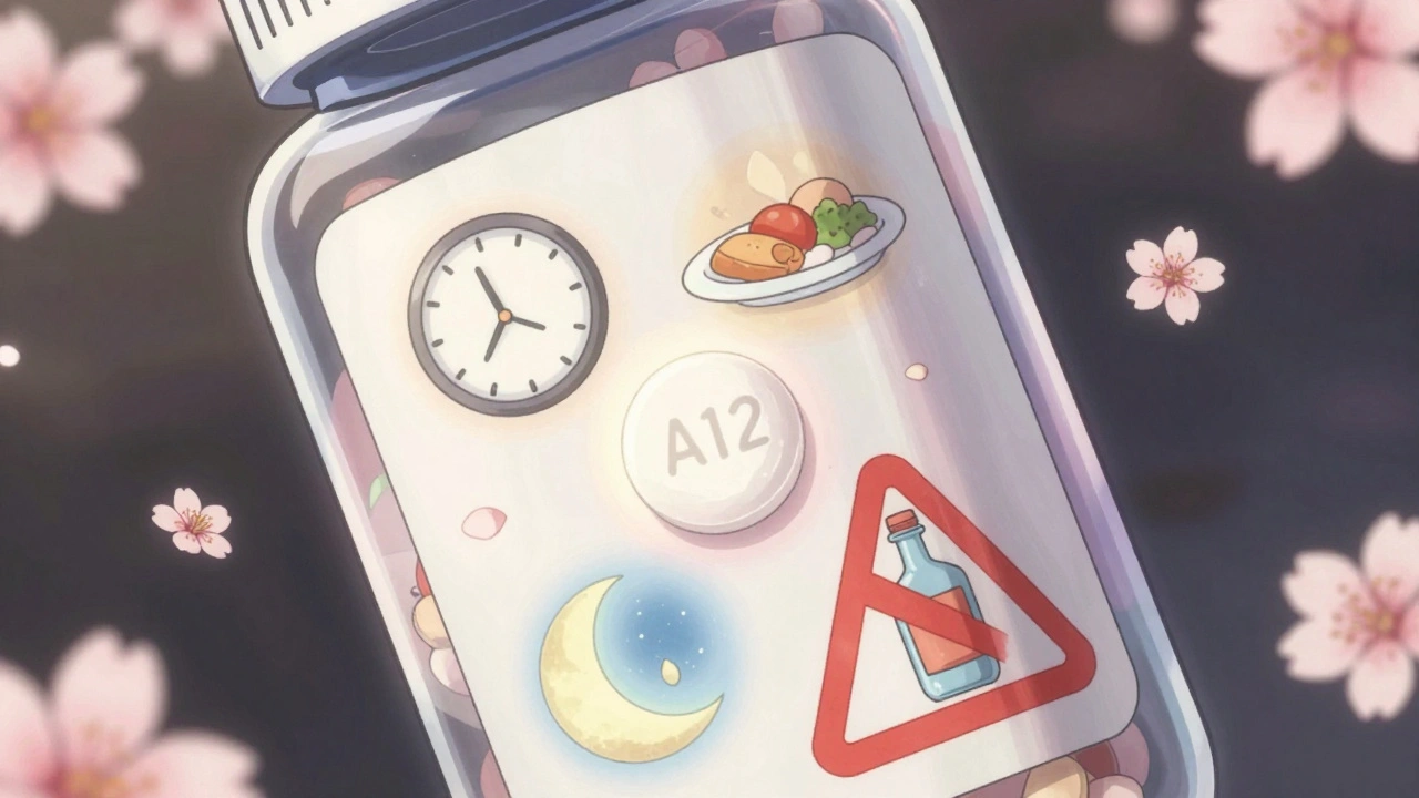 A pill bottle with animated icons floating around it, showing dosage instructions and warnings in glowing detail.