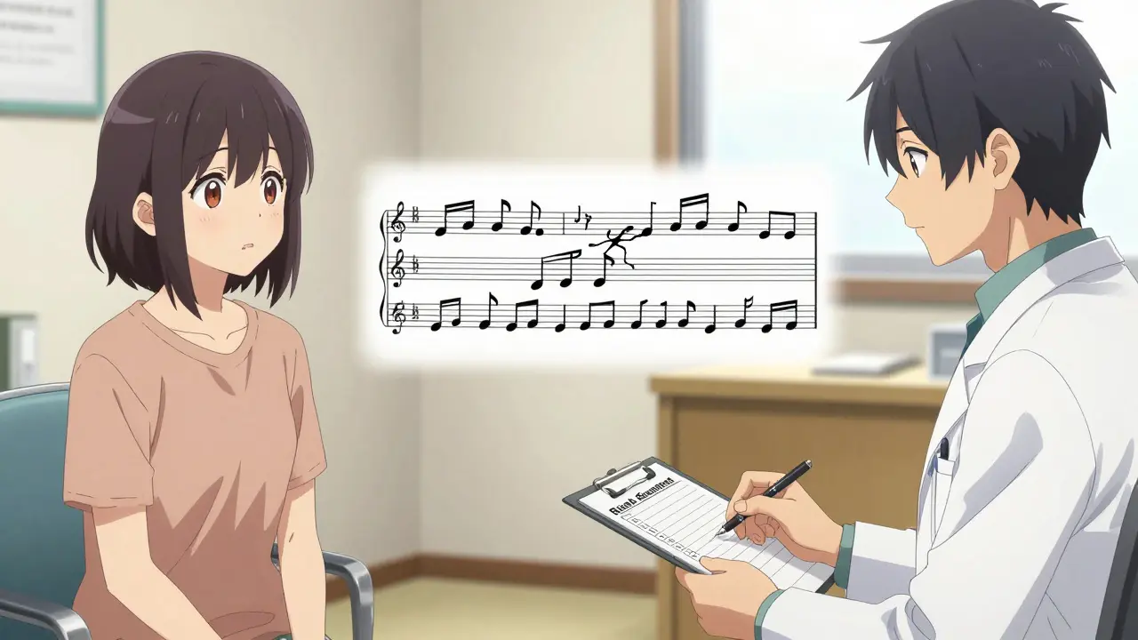 A psychiatrist and patient connected by a musical score of medications, with one note cracking as a generic substitute is introduced.