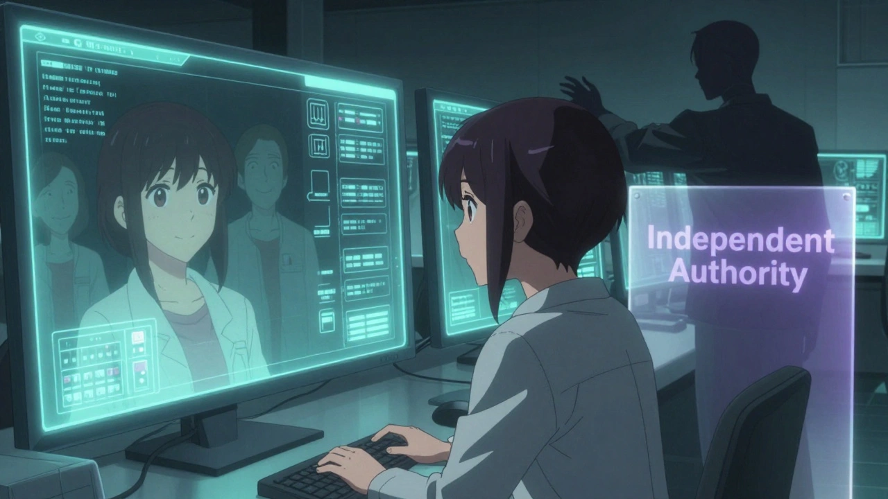 A QA analyst watches AI monitor drug safety, patients' hopeful reflections visible behind her.