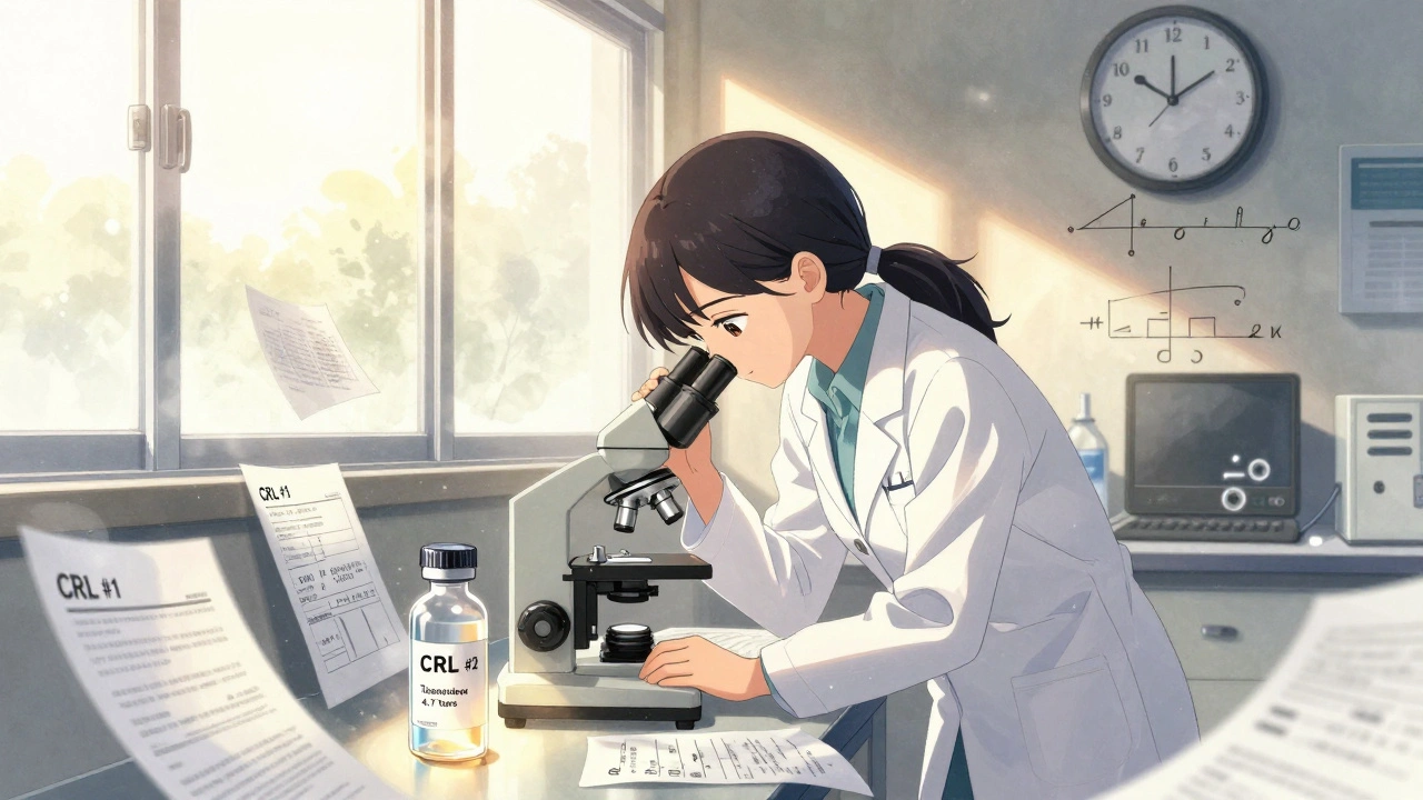 A scientist in a lab surrounded by failed reformulation attempts, a clock showing 18 months, a delayed medication vial glowing softly.