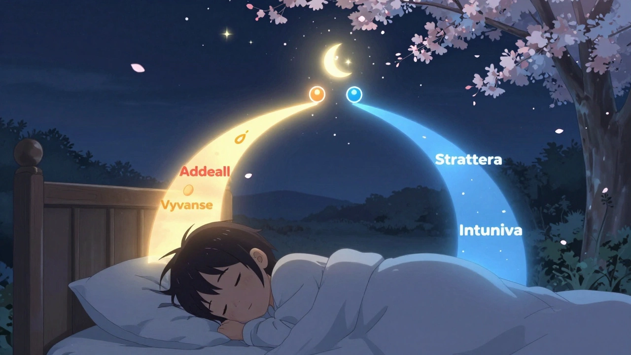 A sleeping child with two glowing paths above — stimulants and non-stimulants — leading to different futures.