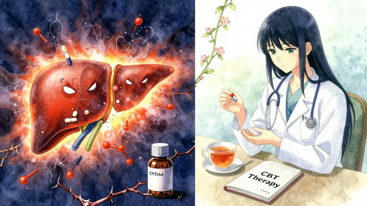 A split scene: chaotic liver enzymes breaking down HIV drugs vs. calm safe alternatives like therapy and SSRIs.
