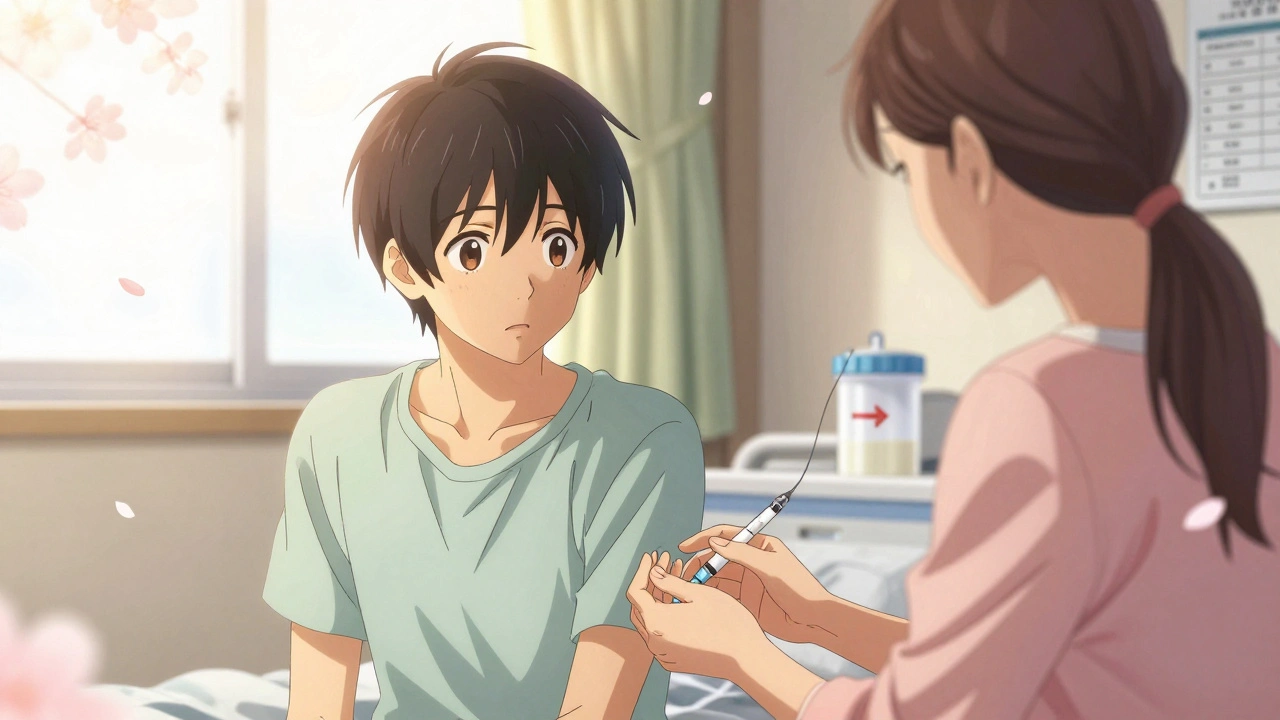 A teen receives a steroid injection as his mother holds his hand in a sunlit hospital room.