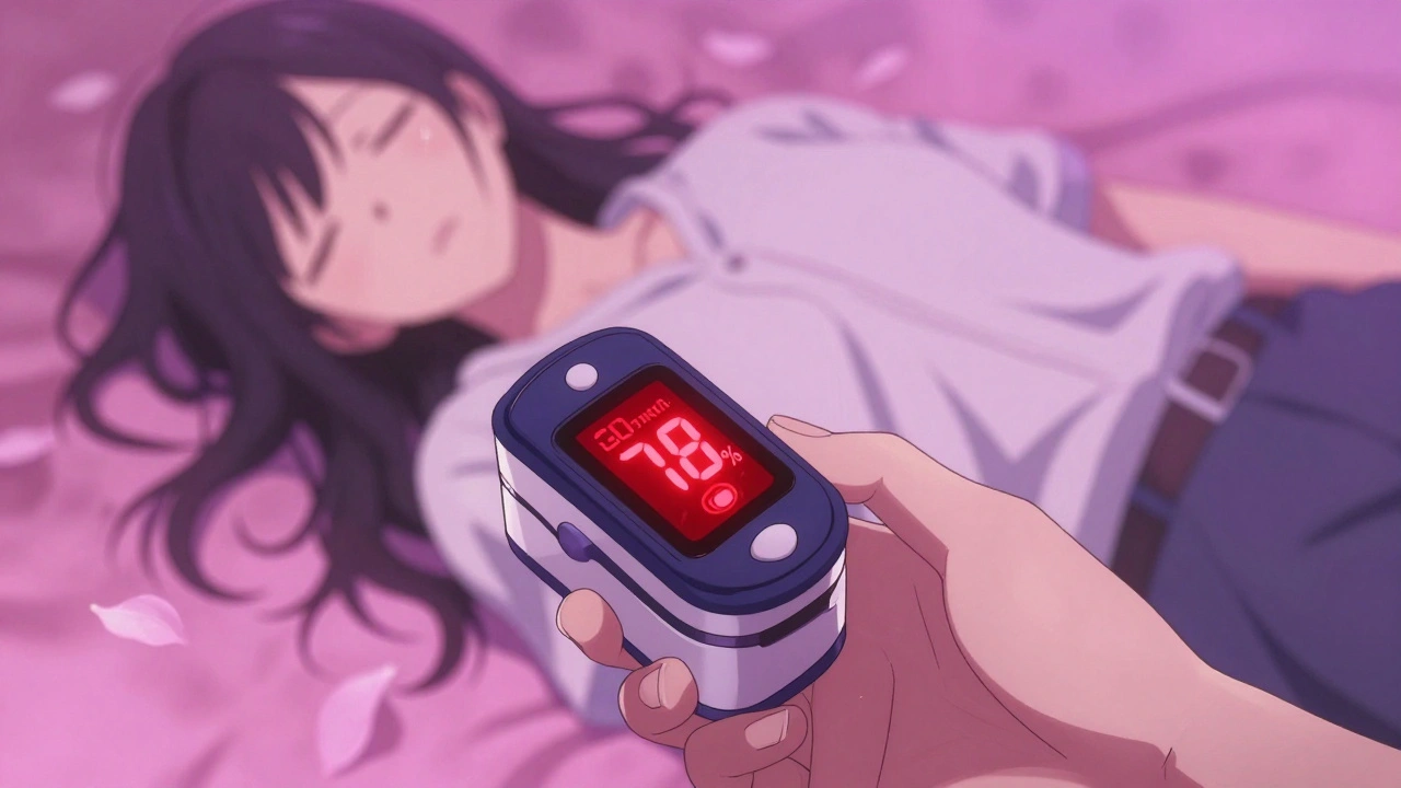 A trembling hand holds a pulse oximeter showing dangerously low oxygen levels, reflecting tear-streaked cheeks.