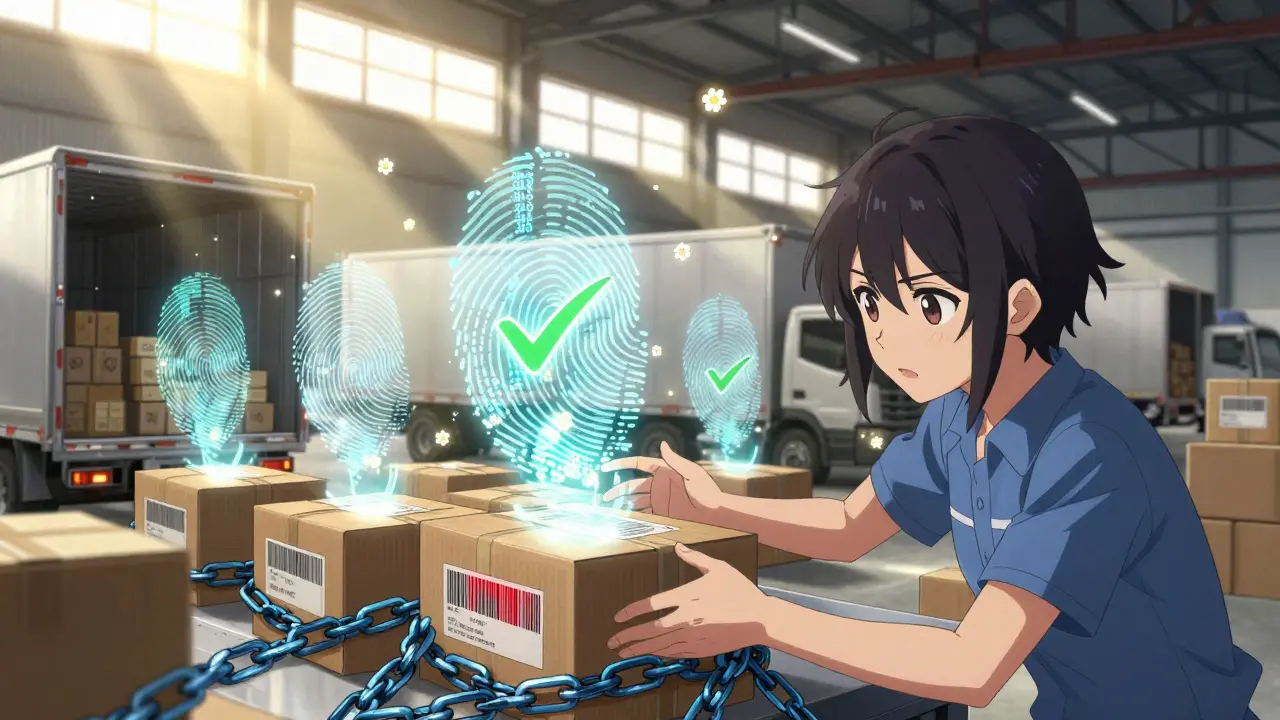 A warehouse scene with digital fingerprints rising from drug packages, one flagged in red, blocked by blue energy chains.