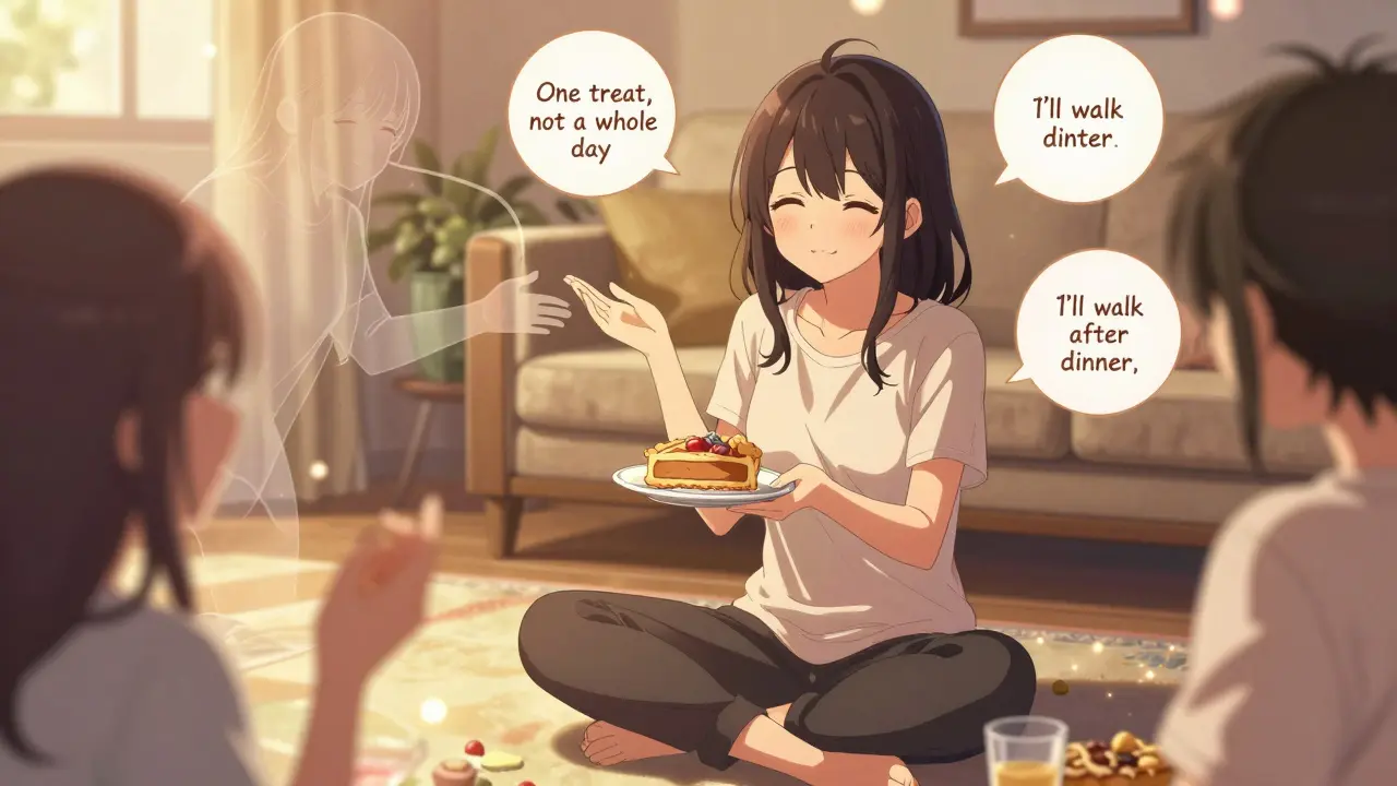 A woman choosing one slice of pie at a party, surrounded by gentle reminders of her goals.