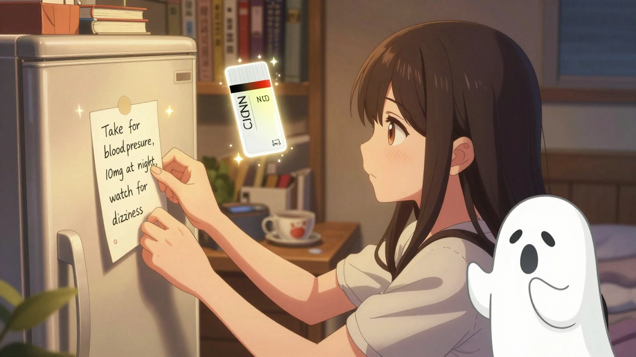 A woman writing down medication details on her fridge while a glowing prescription label hovers nearby.